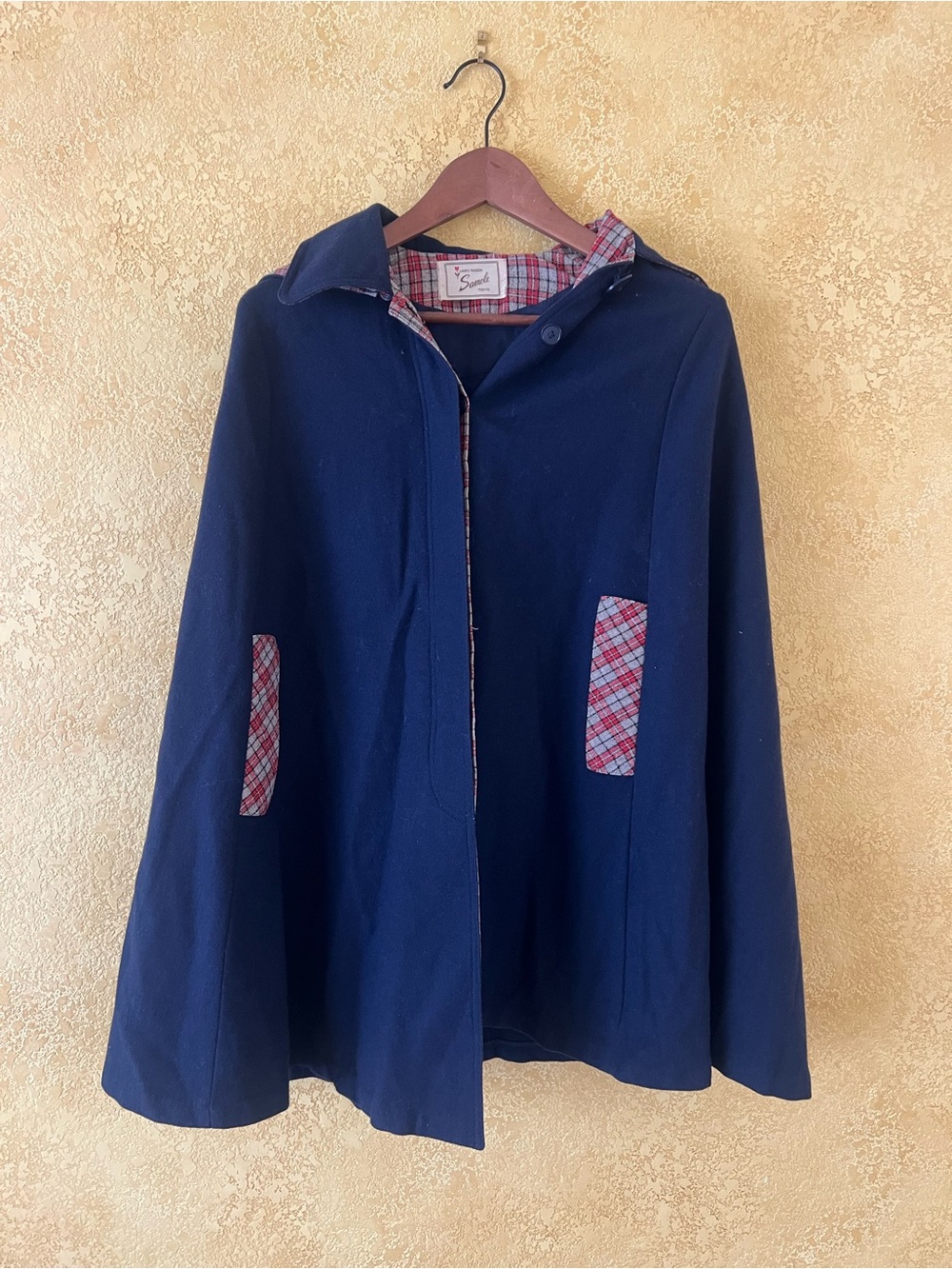 Navy Swing Cloak with Plaid Trim